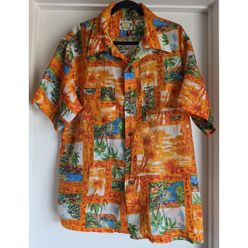 Mauna Kea Mens XL Hawaiian Shirt Orange Tropical Short Sleeve Collared Aloha